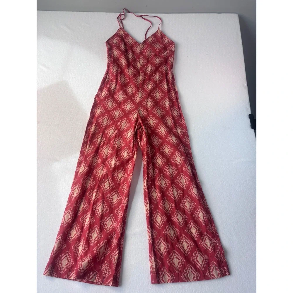Zara The Jami Jumpsuit V-Neck Open Back Wide Leg Terracotta Print Small‎ NWT